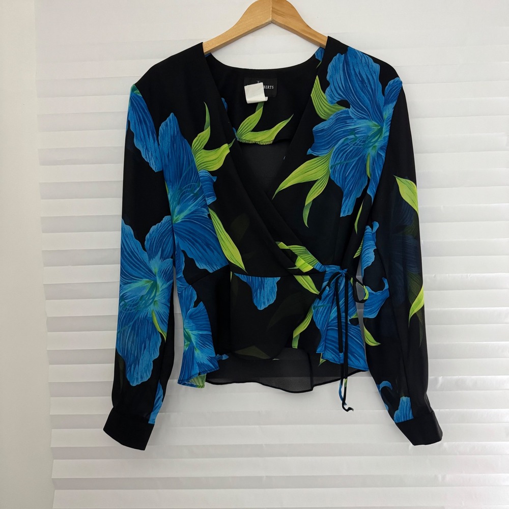 John Roberts Women Black Blue Floral Wrap Blouse 12 Long Sleeve V-Neck Office